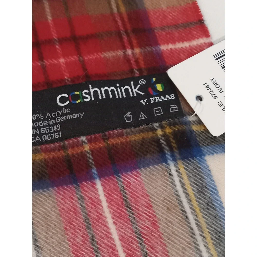 V. Fraas Cashmink Scarf Ivory Red Blue Plaid Made in Germany NWT 972441
